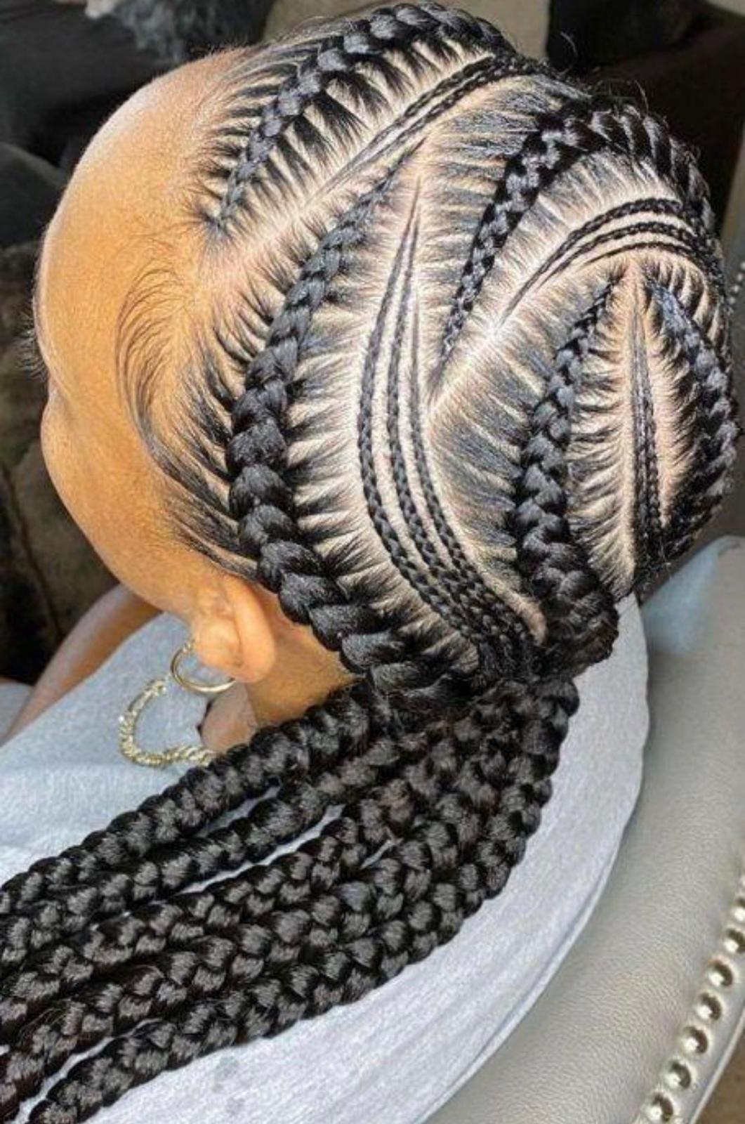 Intricate stitch cornrows with finger waves styled at Sophia African Hair Braiding in Dayton Ohio