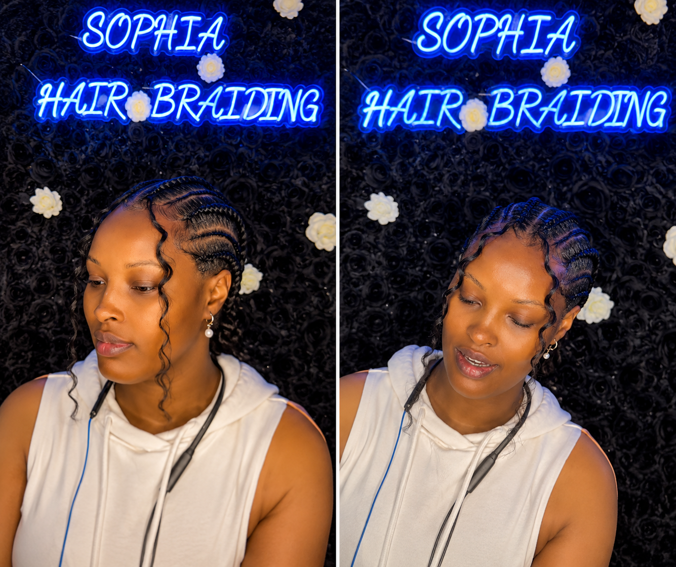 Two-angle look at intricate stitch cornrows with laid baby hairs against the salon's black rose neon backdrop