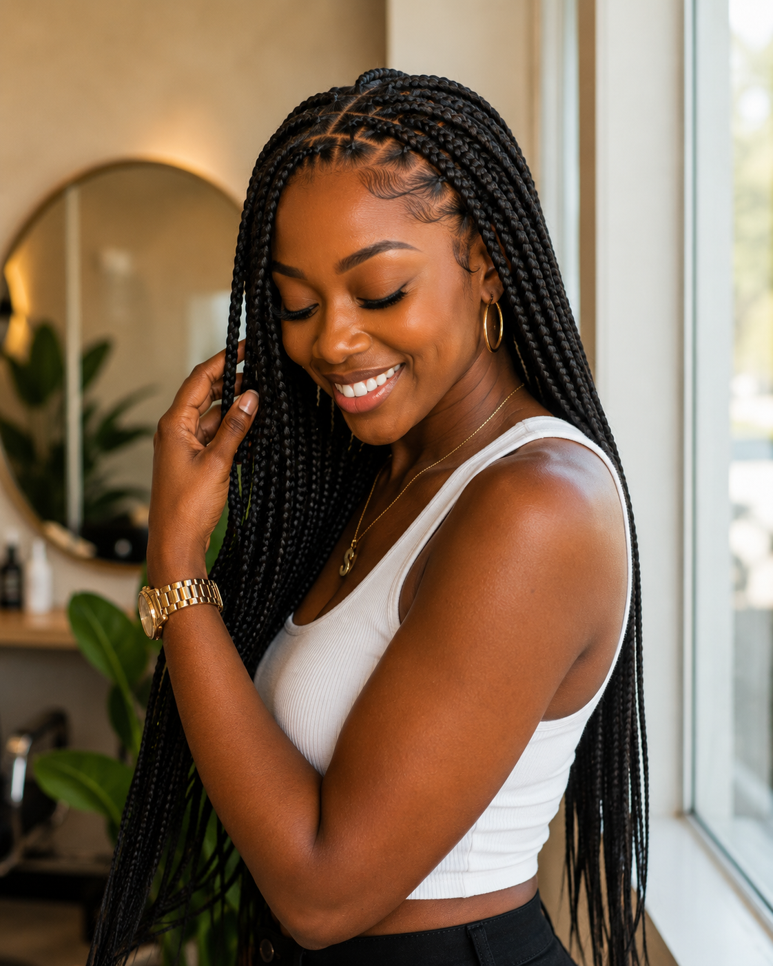Waist-length knotless braids in natural light Dayton African hair braiding