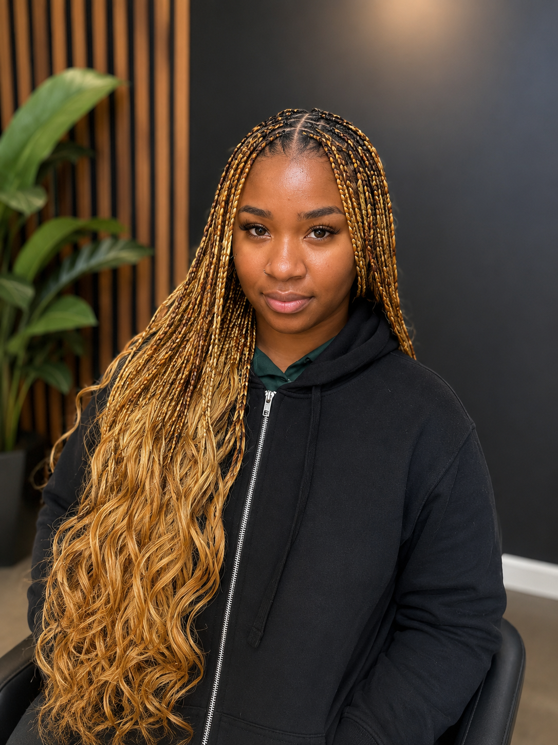 Knotless braids with warm blonde ombre curly ends styled in Dayton Ohio