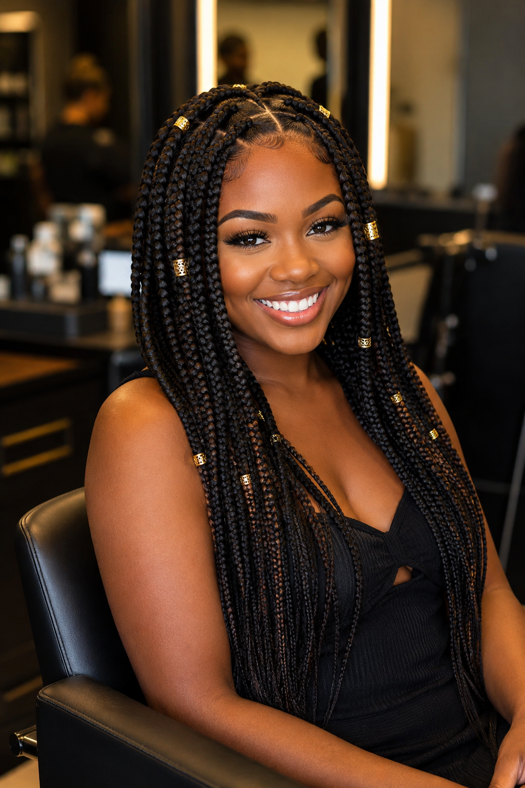 Long knotless box braids with gold cuffs styled in Dayton Ohio salon