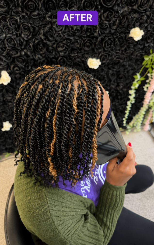 Kids mini twists transformation — matted natural hair detangled and re-styled into neat two-strand mini twists with subtle blonde highlights — after