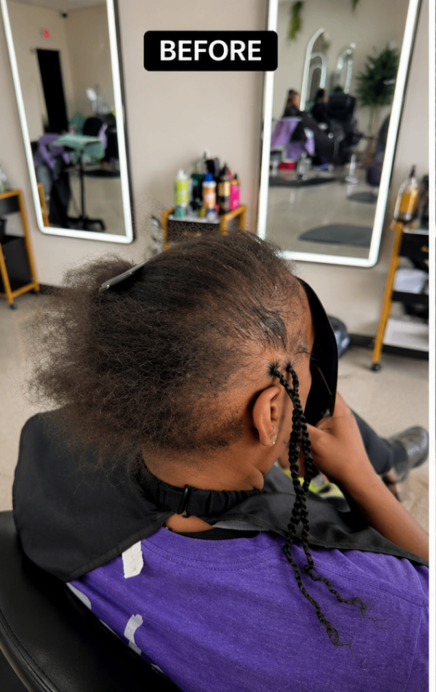 Kids mini twists transformation — matted natural hair detangled and re-styled into neat two-strand mini twists with subtle blonde highlights — before
