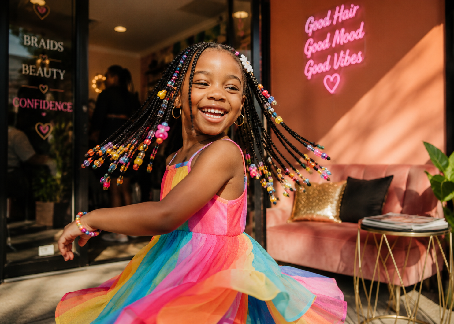 Little girl with colorful beaded braids and flowers at Sophia African Hair Braiding Dayton