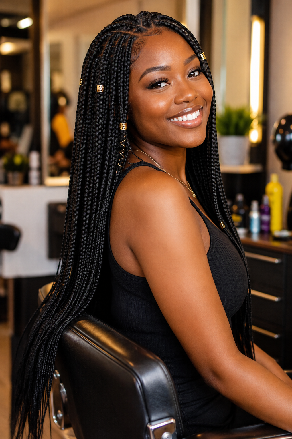 Fresh knotless braids side profile with gold accents Dayton OH