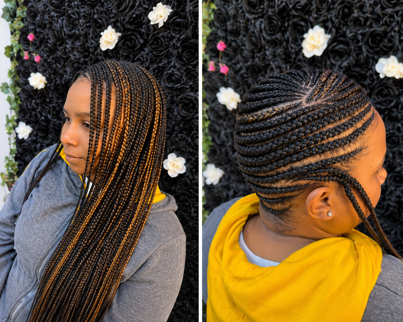 Side-by-side view of small feed-in lemonade cornrows with copper highlights and a detailed crown-part cornrow pattern against a black rose floral wall