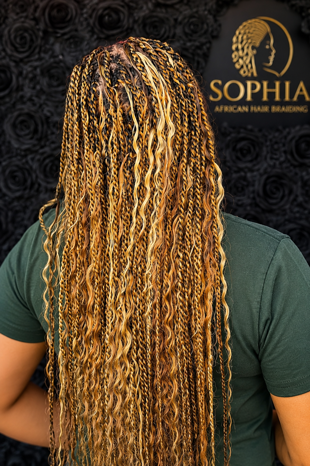 Boho knotless braids with honey blonde highlights and curly ends at Sophia African Hair Braiding Dayton