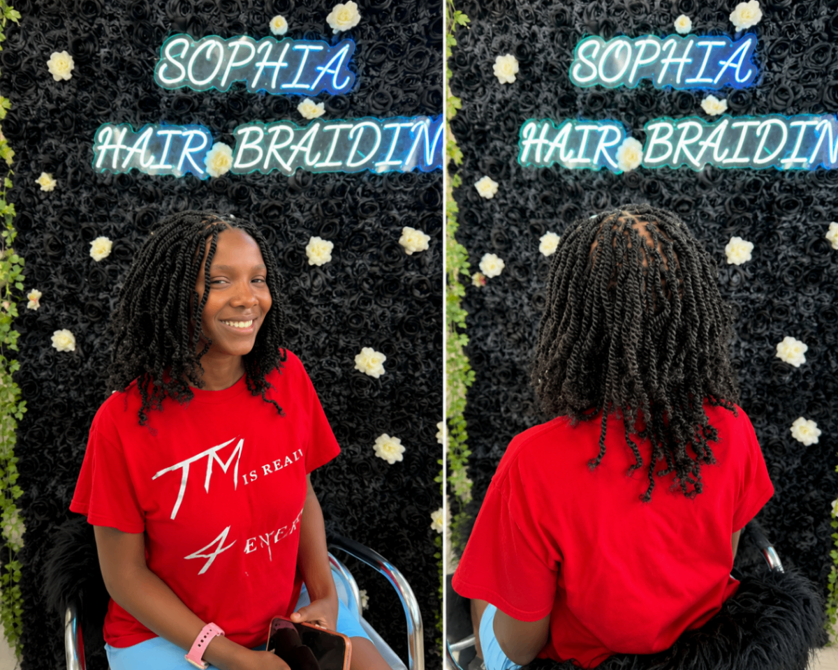 Shoulder-length passion twists front and back view against the Sophia Hair Braiding neon rose wall