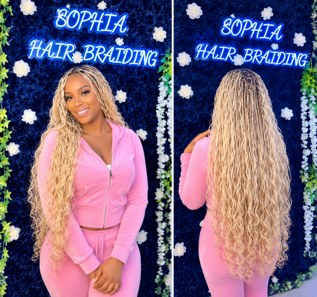 Long blonde ombre boho goddess braids with loose curly ends styled front and back at Sophia Hair Braiding Dayton